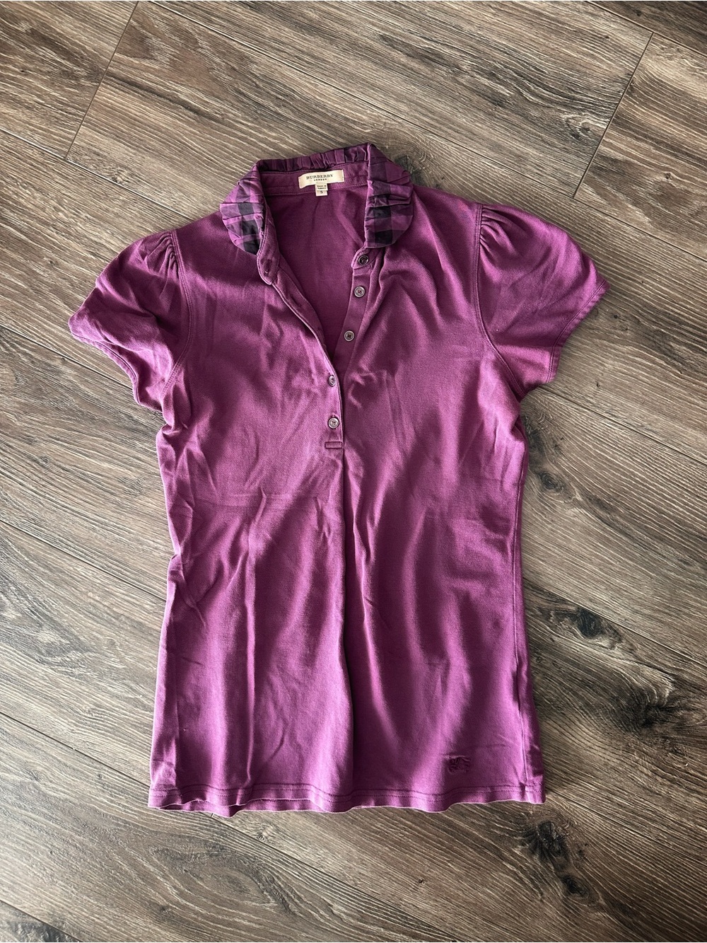 Burberry Plum Short-Sleeve Polo with Plaid Collar